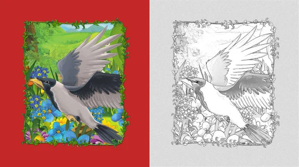 Cena dos desenhos animados com belo pássaro no prado com caderno de esboços — Fotografia de Stock