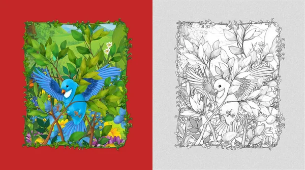 Escena de dibujos animados con hermoso pájaro en el prado con cuaderno de bocetos —  Fotos de Stock