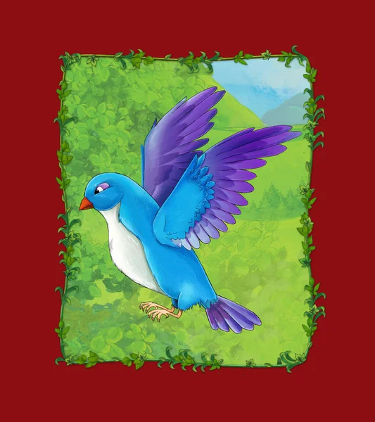 Scena dei cartoni animati con bellissimo uccello sul prato illustrazione — Foto Stock
