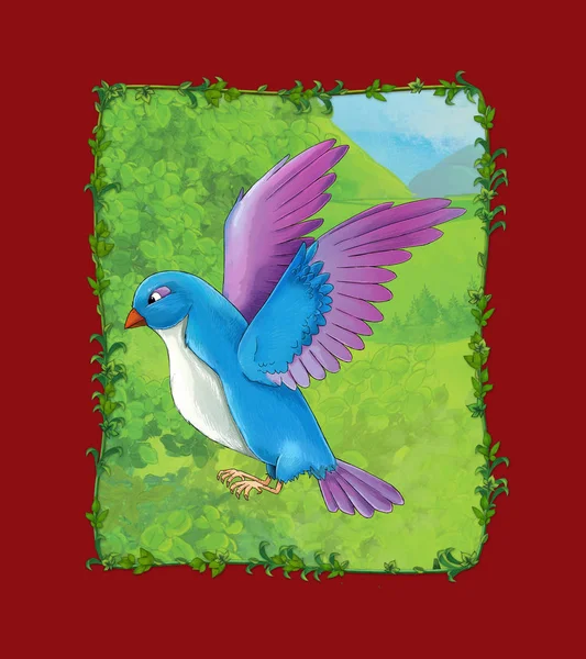 Kreskówka scena z pięknym ptakiem na łące ilustracja — Zdjęcie stockowe