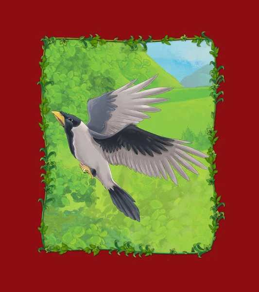 Kreslené scény s havran vrána pták na louce — Stock fotografie