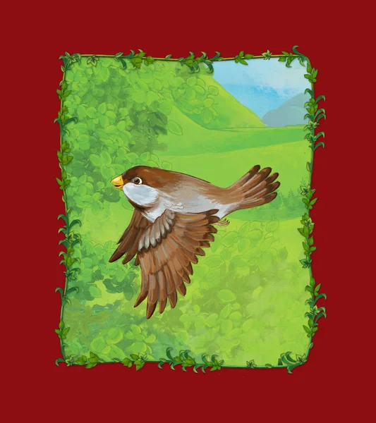 Kreslená scéna s krásným ptákem na louce ilustrace — Stock fotografie