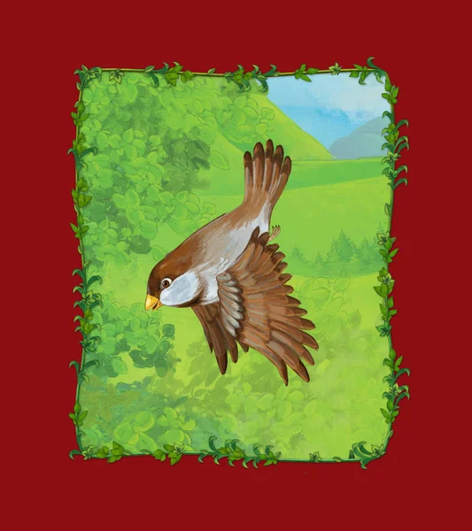 Kreslená scéna s krásným ptákem na louce ilustrace — Stock fotografie