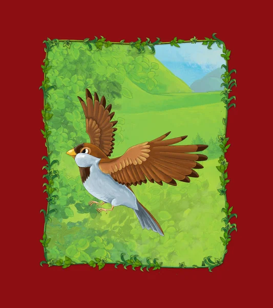 Scena dei cartoni animati con bellissimo uccello sul prato illustrazione — Foto Stock
