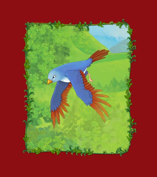 Escena de dibujos animados con hermoso pájaro en la ilustración del prado —  Fotos de Stock