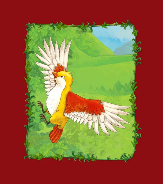 Escena de dibujos animados con hermoso pájaro en la ilustración del prado —  Fotos de Stock