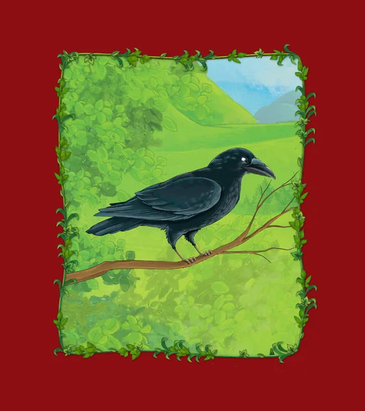 cartoon scene with raven crow bird on the meadow