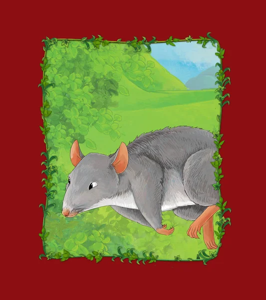 Scena kreskówki ze szczurem na łące ilustracja — Zdjęcie stockowe