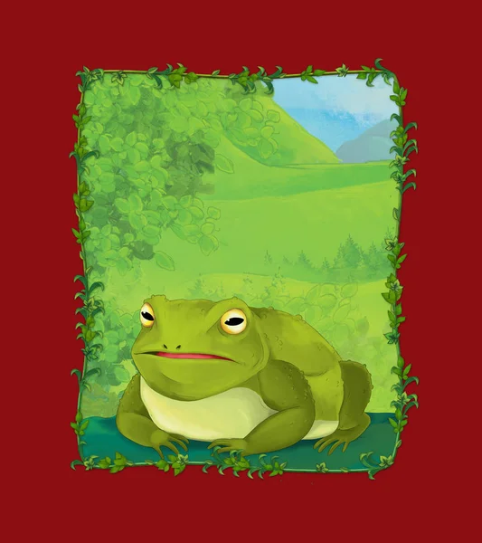牧草地にカエルが描かれた漫画シーン — ストック写真