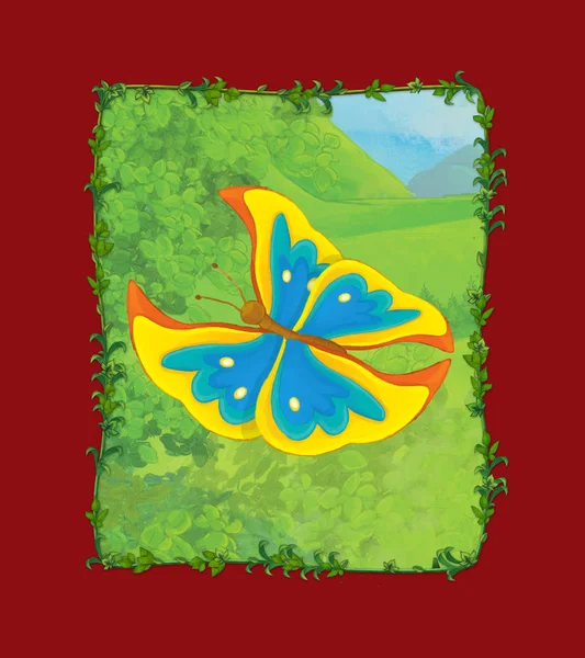 Cartoon scene with butterfly on the meadow illustration — Stock Photo, Image