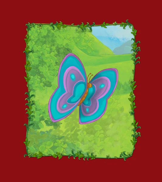 cartoon scene with butterfly on the meadow illustration