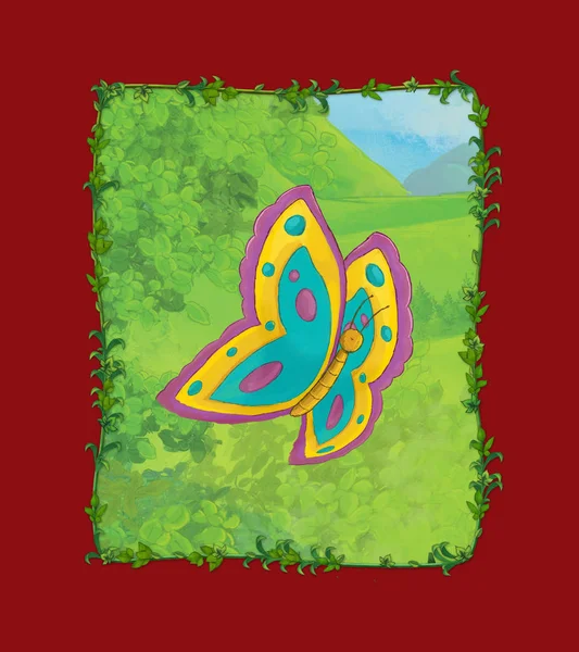 Мультфильм сцена с бабочкой на лугу иллюстрация — стоковое фото