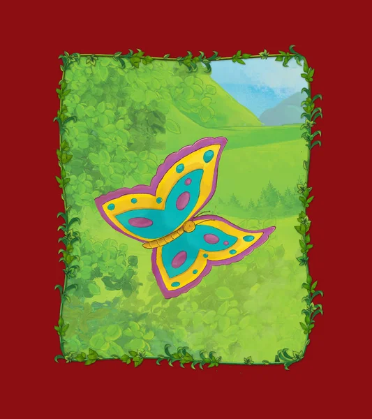 Cartoon scene with butterfly on the meadow illustration — Stock Photo, Image