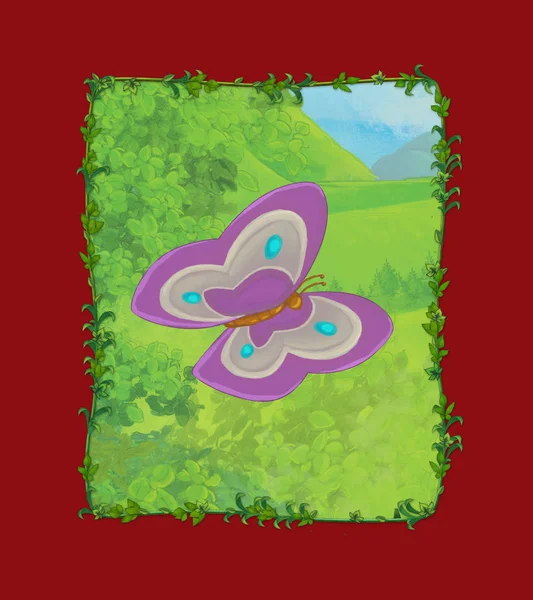 Escena de dibujos animados con mariposa en el prado ilustración —  Fotos de Stock