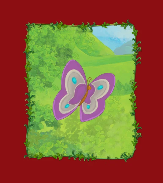 Мультяшна сцена з метеликом на лузі ілюстрація — стокове фото