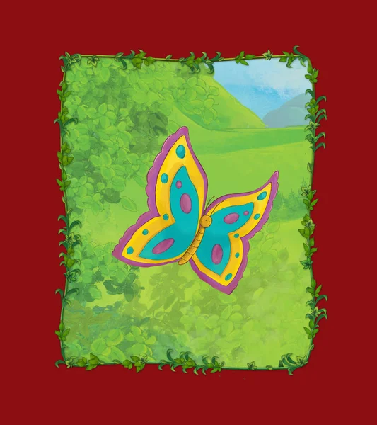 Cartoon scene with butterfly on the meadow illustration — Stock Photo, Image