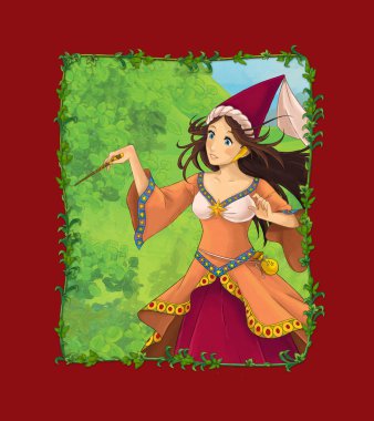 Çayırda prenses kraliçeyle çizgi film sahnesi