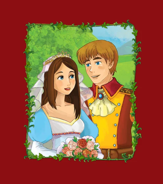 Cartoon scene with prince and princess on the meadow illustration — Stock Photo, Image