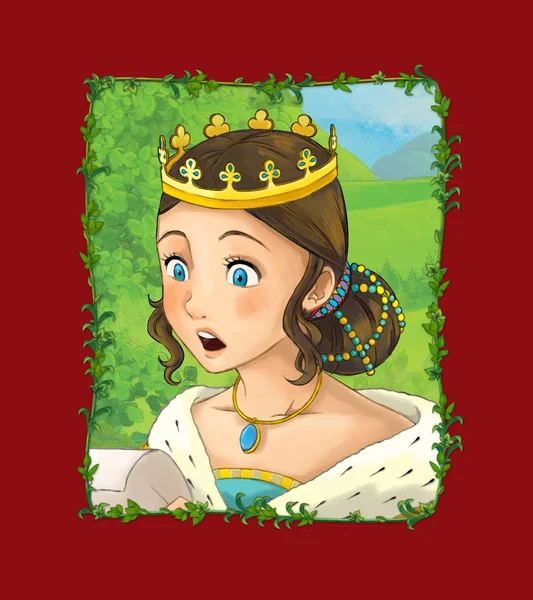 Cena dos desenhos animados com princesa rainha no prado — Fotografia de Stock