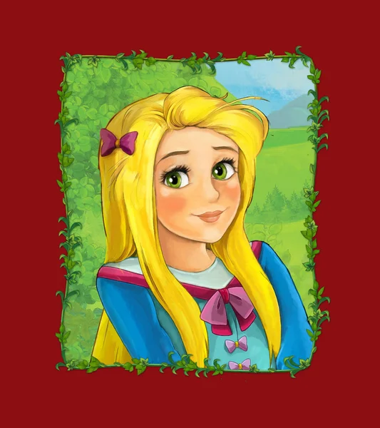 Cena dos desenhos animados com princesa rainha no prado — Fotografia de Stock