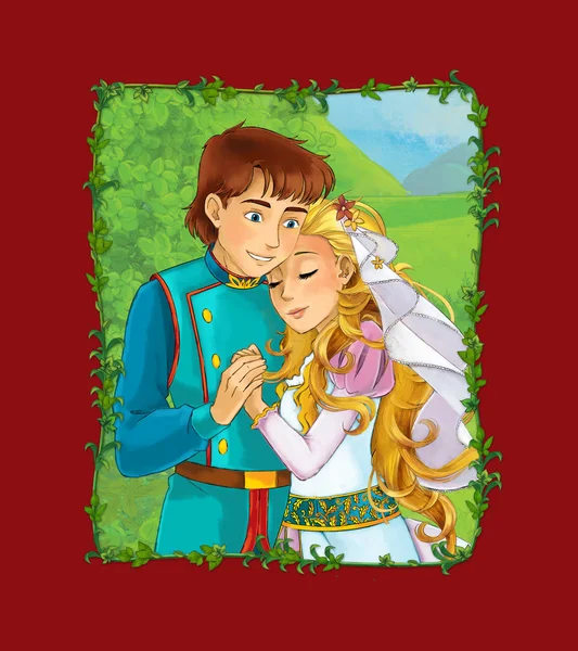 Cartoon scene with prince and princess on the meadow illustration — Stock Photo, Image