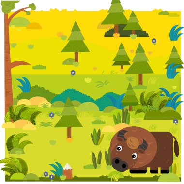 Çocuklar için vahşi bizon bizon resimli çizgi film orman sahnesi