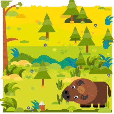 Çocuklar için vahşi bizon bizon resimli çizgi film orman sahnesi