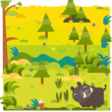 Çocuklar için vahşi hayvan domuz resimli çizgi film ormanı sahnesi