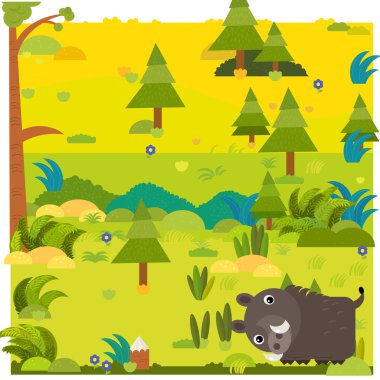 Çocuklar için vahşi hayvan domuz resimli çizgi film ormanı sahnesi