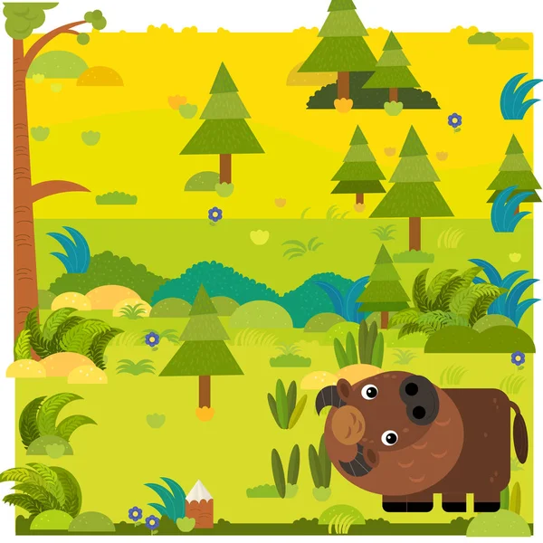 Cartoon forest scene with wild animal bison buffalo illustration for children — Stock Photo, Image