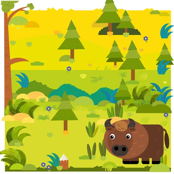 Cartoon bos scène met wild dier bizon buffel illustratie voor kinderen — Stockfoto