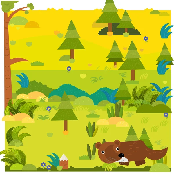 Scena foresta dei cartoni animati con animali selvatici cervo illustrazione per bambini — Foto Stock