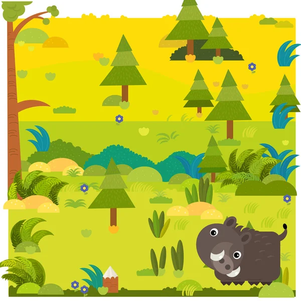 带野猪图解的卡通森林儿童场景 — 图库照片