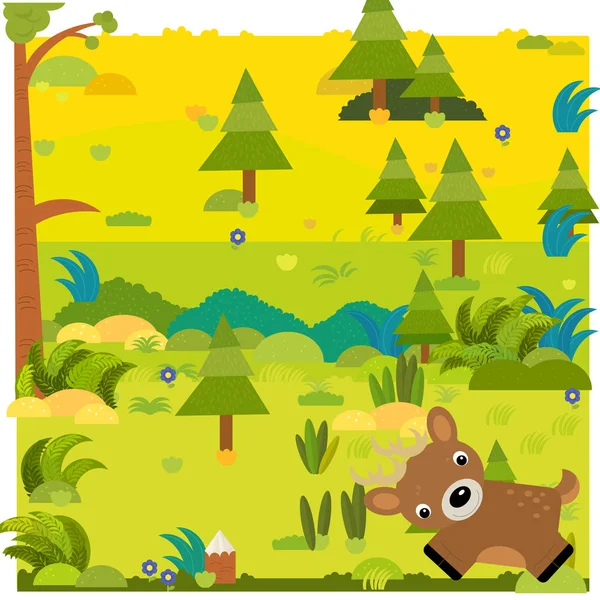 Cartoon bos scène met wild dier hert illustratie voor kinderen — Stockfoto