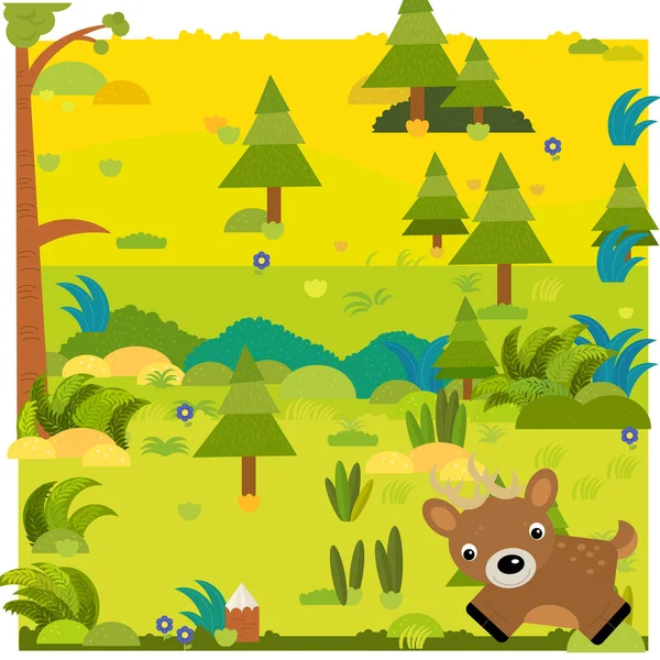 儿童卡通片森林场景 附有野生动物鹿图解 — 图库照片
