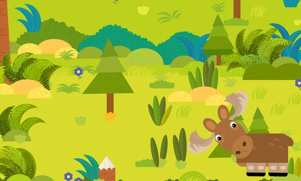 Escena del bosque de dibujos animados con animal salvaje alce ilustración — Foto de Stock