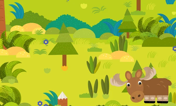 Dessin animé scène de forêt avec animal sauvage orignal wapiti illustration — Photo