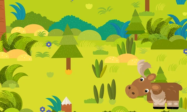 Escena del bosque de dibujos animados con animal salvaje alce ilustración —  Fotos de Stock