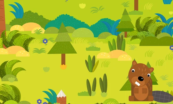 Escena del bosque de dibujos animados con animales salvajes castor ilustración —  Fotos de Stock