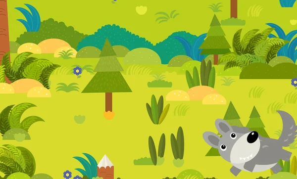 Cartoon forest scene with wild animal wolf illustration — 스톡 사진