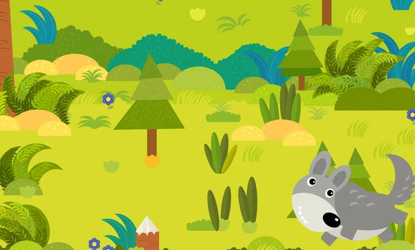 Cartoon forest scene with wild animal wolf illustration — 스톡 사진