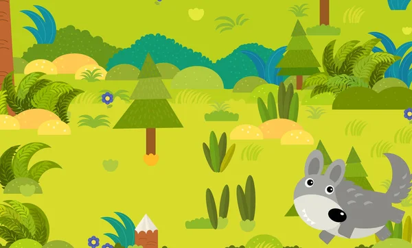 Cartoon forest scene with wild animal wolf illustration — Stock Photo, Image