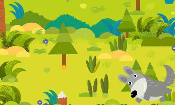 Escena del bosque de dibujos animados con lobo animal salvaje ilustración —  Fotos de Stock
