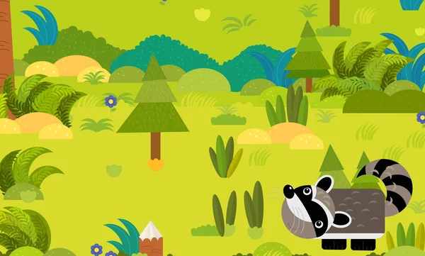 Escena del bosque de dibujos animados con ilustración de mapache animal salvaje —  Fotos de Stock