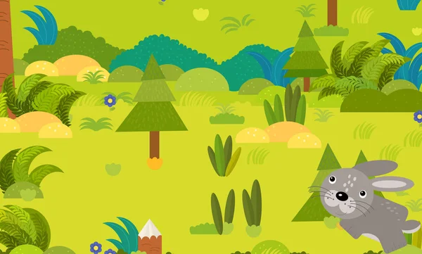 Desenho animado cena florestal com animal selvagem lebre de coelho ilustração — Fotografia de Stock