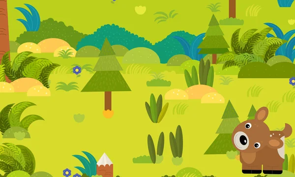 Escena del bosque de dibujos animados con corzo de ciervo animal salvaje ilustración — Foto de Stock