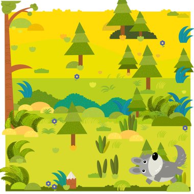 Vahşi hayvan kurt resimli çizgi film orman sahnesi