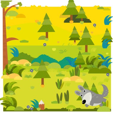 Vahşi hayvan kurt resimli çizgi film orman sahnesi