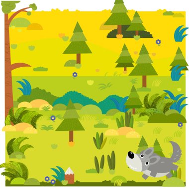 Vahşi hayvan kurt resimli çizgi film orman sahnesi