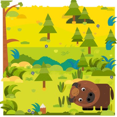 Çocuklar için vahşi bizon bizon resimli çizgi film orman sahnesi